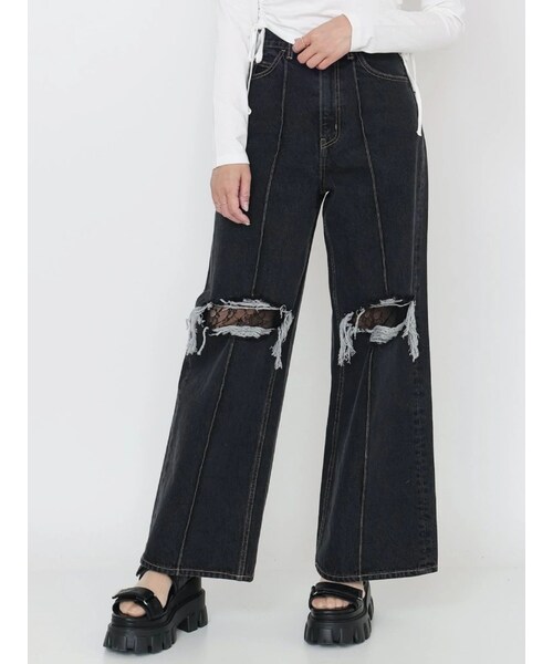 EATME（イートミー）の「ダメージレースデニムパンツ（デニムパンツ・レディース・ブラック/アイスブルー・S/M）」の2枚目の写真