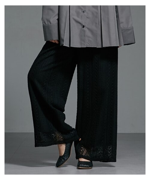 nissen（ニッセン）の「レース透かし編みデザインゆったりサイズワイドパンツ ［Soiunique］（パンツ・レディース・ブラック/アイボリー・1(S-M)/2(L-LL)）」の5枚目の写真