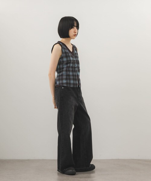 KBF（ケイビーエフ）の「シアーチェックベストSETトップス（タンクトップ・レディース・BRN×BRN/KHAKI×OAT/NAVY×NAVY・One）」の9枚目の写真