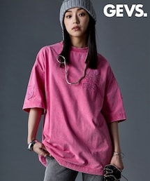 GEVS. | 綿100％ヴィンテージ加工ワッペン付カラーTシャツ＜大きいサイズ有＞GEVS.(Tシャツ/カットソー)