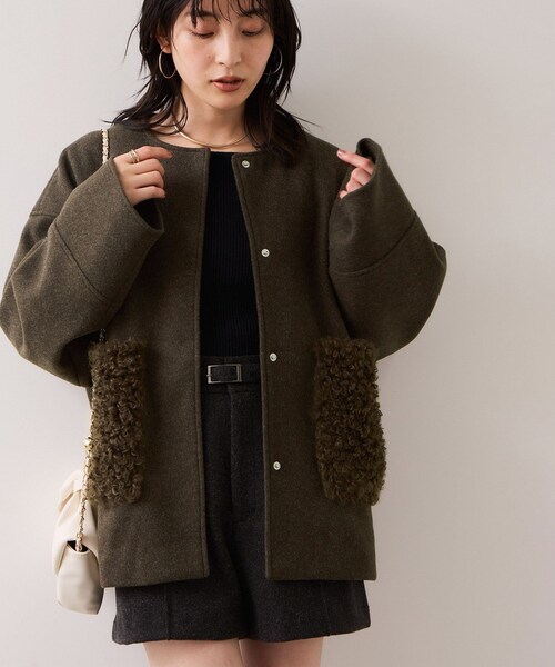 VIS（ビス）の「【WEB限定】ボアポケットノーカラーコート（その他アウター・レディース・チャコール/キナリ/ダークブラウン・F）」の12枚目の写真