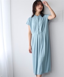 nissen | ＜大きいサイズ＞汗染みしにくいひんやりポンチフレンチロング丈ワンピース（接触冷感・ＵＶカット）(ワンピース)