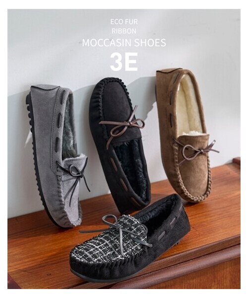 nissen（ニッセン）の「エコファーリボンモカシンシューズ（ワイズ３Ｅ）（バレエシューズ・メンズ・黒/ベージュ/オーク/キャメル/スモーキーグリーン/ネイビー/スモーキーライラック/アイボリー×ツイード調/ライトグレー/黒×ツイード調・SS=21.0~21.5cm/S=22.0~22.5cm/M=23.0~23.5cm/L=23.5~24.0cm/LL=24.5~25.0cm/3L=25.0~25.5cm）」の2枚目の写真