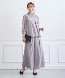 Jolie et Jolie | 【結婚式・パーティードレス】レース切替ブラウス+レースワイドパンツセット<大きいサイズ>(パンツドレス)