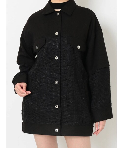 MURUA（ムルーア）の「ツイードミックスオーバージャケット（ノーカラージャケット・レディース・ブラック/ホワイト/カーキ・F）」の2枚目の写真