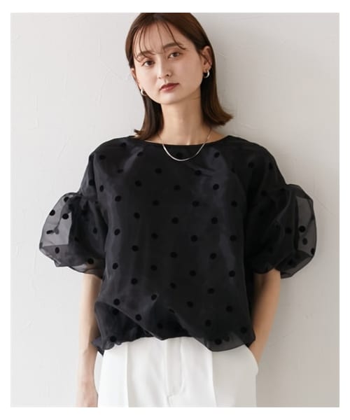 nissen（ニッセン）の「オーガンジー重ね袖ボリュームプルオーバー（Tシャツ/カットソー・レディース・黒ドット/白ドット/ネイビー/オフホワイト・M/L）」の3枚目の写真