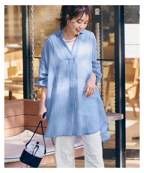 nissen（ニッセン）の「シアースキッパーシャツチュニック（チュニック・レディース・ブルー系ストライプ/ブラウン系ストライプ/チャコールグレー・S/M/L/LL）」の12枚目の写真