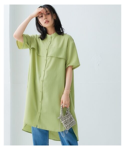 nissen（ニッセン）の「お手入れ簡単！麻混涼やかドライエックスバンドカラーシャツワンピース（吸汗速乾・イージーケア・毛玉防止・通気性）（ワンピース・レディース・ストーンホワイト/マリンネイビー/ナイルグリーン・S~M相当/L~LL相当/3L~4L相当/5L~6L相当/8L相当/10L相当）」の2枚目の写真