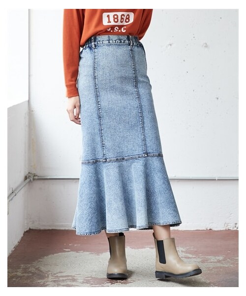 nissen（ニッセン）の「大きいサイズマーメイドデザインストレッチデニムスカート（ゆったりヒップ）（デニムスカート・レディース・ウオッシュドブルー(ケミカル)/インディゴブルー・L/LL/3L/4L/5L/6L/8L/10L）」の5枚目の写真