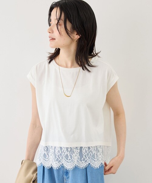 ROPE' PICNIC(ロペピクニック)の「レースドッキングフレンチスリーブトップス/UVカット・接触冷感・汗染み防止(Tシャツ/カットソー・レディース・ブラック/ホワイト/サックス/クリーム・F)」の18枚目の写真