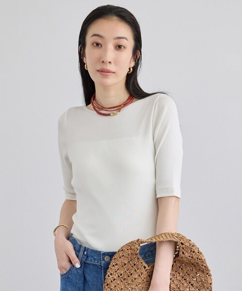 ADAM ET ROPE'(アダムエロペ)の「ハイウェットテレコ2WAYネックT(Tシャツ/カットソー・レディース・ブラック/オフホワイト・F)」の1枚目の写真