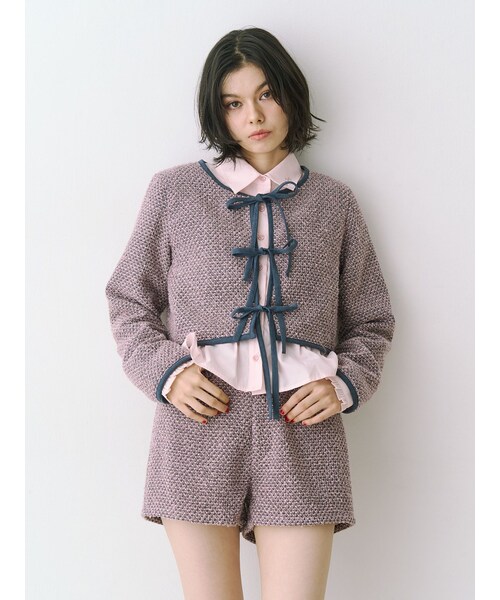 jouetie（ジュエティ）の「バイカラーツイードライクショートジャケット【セットアップ対応】（ノーカラージャケット・レディース・ブラック/ピンク/ブルー・M）」の11枚目の写真