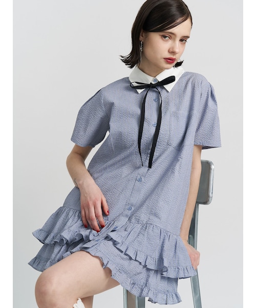 jouetie(ジュエティ)の「リボンタイヘムフリルチュニックシャツ(シャツワンピース・レディース・オフホワイト/ブルー・M)」の3枚目の写真