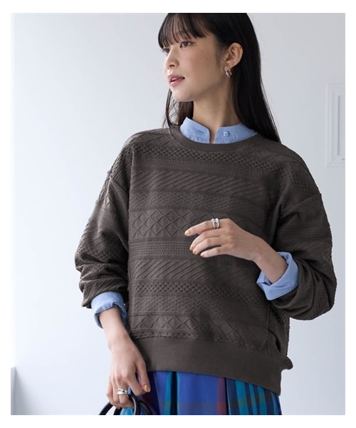 nissen（ニッセン）の「コットンブレンドニットライクジャガードクロップド丈コクーントレーナー＜大きいサイズ有＞（スウェット・レディース・グレーベージュ/カーキ/チャコールグレー・S/M/L/LL/3L/4L/5L/6L/8L/10L）」の5枚目の写真