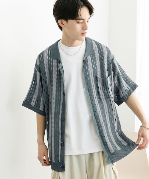 SENSE OF PLACE by URBAN RESEARCH(センスオブプレイスバイアーバンリサーチ)の「ストライプショートスリーブニットシャツ(ニット/セーター・メンズ・BLACK/GREIGE/MINT・M/L)」の3枚目の写真