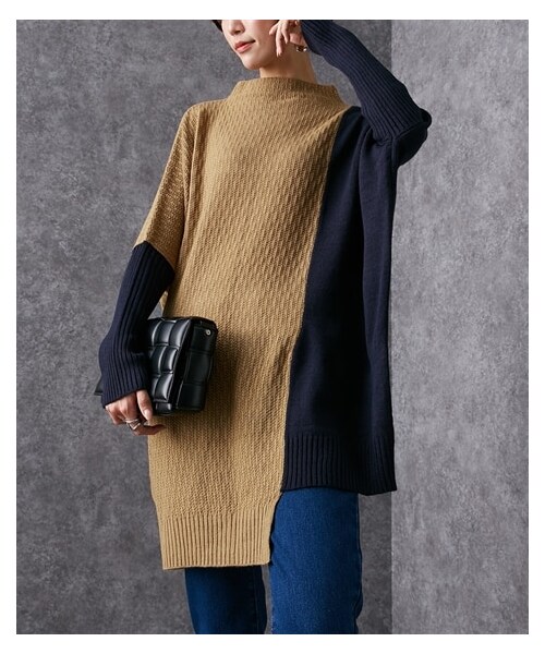 nissen（ニッセン）の「配色デザインプチハイネックロング丈ニット [Soiunique]（ニット/セーター・レディース・キャメル×ネイビー/ブラック×オフベージュ/杢グレー×アイボリー/グレージュ×ネイビー/ソフトグリーン×アイボリー/杢チャコール×黒/アイボリー×グレージュ・Y(M-LL)/S~LL）」の9枚目の写真