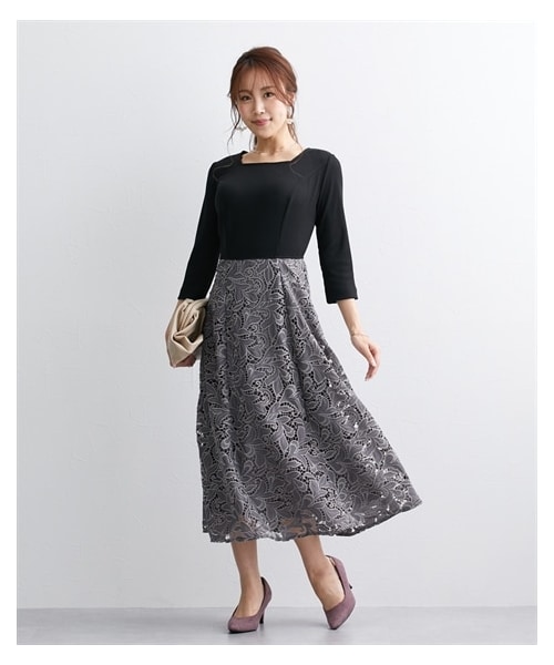 nissen（ニッセン）の「【大きい胸専用】7分袖レース切り替えドッキングワンピース（ワンピース・レディース・ブラック/ディープグリーン・FM/FL/FLL）」の6枚目の写真