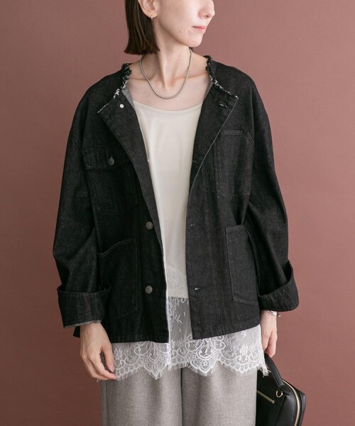 ITEMS URBANRESEARCH(アイテムズ アーバンリサーチ)の「デニムオーバーノーカラージャケット(デニムジャケット・レディース・BLK/BRN/IDG・Free)」の6枚目の写真
