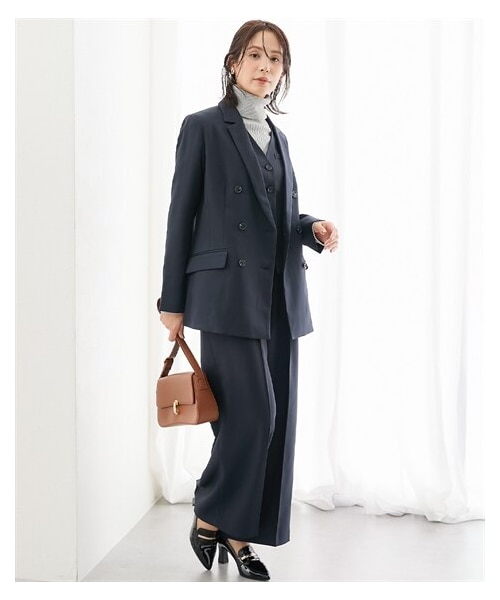 nissen（ニッセン）の「【レディーススーツ】3つ揃えスーツ（ダブルブレストテーラードジャケット＋ベスト＋ワイドストレートパンツ）＜大きいサイズ有＞（フォーマルスーツ/小物・レディース・モカグレー/ネイビー・S/M/L/LL/3L）」の3枚目の写真