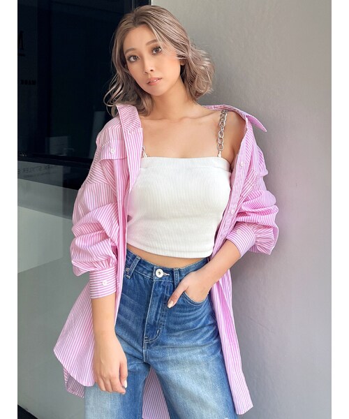 GYDA（ジェイダ）の「シンプルストライプシャツ（シャツ/ブラウス・レディース・ピンク/ミントグリーン/ネイビー・F）」の3枚目の写真