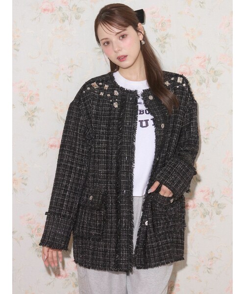 CALNAMUR（カルナムール）の「ツイードビジュージャケット（ノーカラージャケット・レディース・ホワイト/ブラック/ピンク・F）」の2枚目の写真