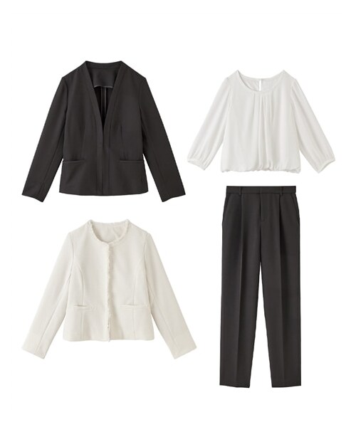 nissen（ニッセン）の「小さいサイズ　【入学式・卒業式・フォーマル】フォーマル４点セット（ノーカラージャケット+ロング丈ジャケット+シフォンブラウス+テーパードパンツ）　低身長さん・小柄女性（フォーマルスーツ/小物・レディース・ネイビー/ブラック・PSS/PS/PM/PL）」の4枚目の写真