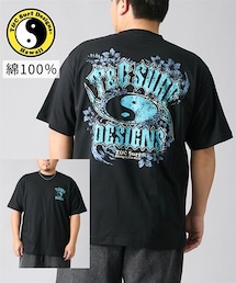 綿100％バックプリント半袖Tシャツ（トライバル×ハイビスカス柄）　T＆C　【大きいサイズ】