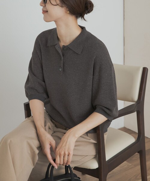 URBAN RESEARCH DOORS(アーバンリサーチドアーズ)の「ニットポロシャツ(ポロシャツ・レディース・BLACK/CHARCOAL/Y.KHAKI・M)」の2枚目の写真