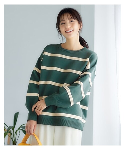 nissen（ニッセン）の「大きいサイズかるfuwaビッグシルエット立体ボーダーニット（型崩れしにくい）（ニット/セーター・レディース・黒系/スモーキーブルー系/スモーキーグリーン系/オフホワイト系・L~LL相当/3L~4L相当/5L~6L相当/8L相当/10L相当）」の13枚目の写真