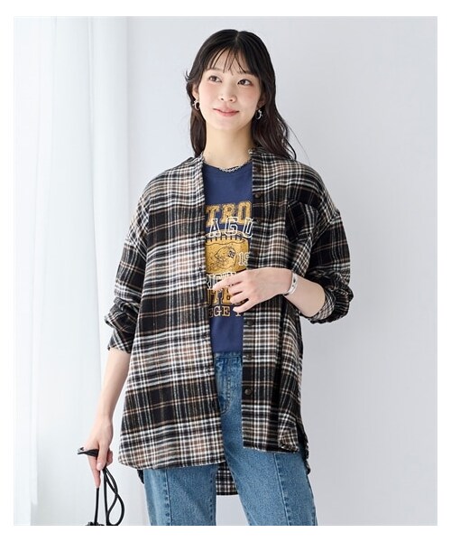 nissen（ニッセン）の「大きいサイズ 吸湿発熱あたたかゆるシルエットバンドカラーネルシャツ（シャツ/ブラウス・レディース・サックス系チェック/ピンク系チェック/黒系チェック・L/LL/3L/4L/5L/6L/8L/10L）」の10枚目の写真