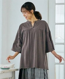 nissen | ＜大きいサイズ＞綿100％ピグメント加工フレア袖トップス(Tシャツ/カットソー)