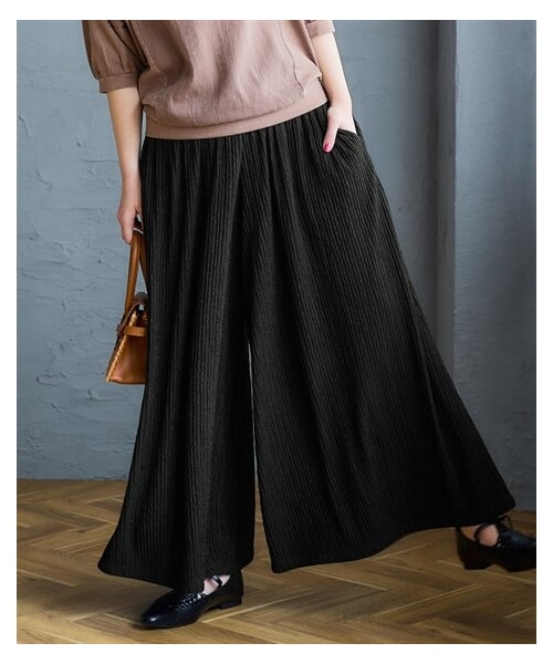 nissen（ニッセン）の「＜大きいサイズ＞楊柳プリーツスーパーワイドパンツ（ゆったりヒップ）（パンツ・レディース・黒/ベージュ・L/LL/3L/4L/5L/6L/8L/10L）」の4枚目の写真