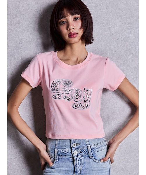 GYDA(ジェイダ)の「gy bijou Tシャツ(Tシャツ/カットソー・レディース・オフホワイト/ブラック/ピンク/パープル/その他3/その他4・F)」の3枚目の写真