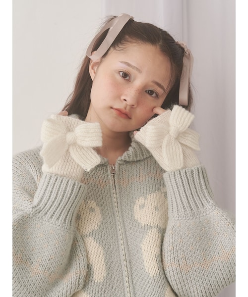 merry jenny（メリージェニー）の「りぼんりぼんニットグローブ（手袋・レディース・オフホワイト/ミントグリーン・F）」の5枚目の写真