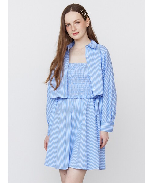 CALNAMUR（カルナムール）の「SHIRTS×SHIRRING MINI OP SET/シャツ×シャーリングミニワンピースセット（シャツワンピース・レディース・ブラック/ブルー・F）」の5枚目の写真