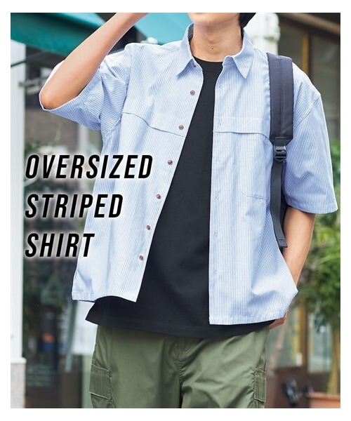 nissen（ニッセン）の「オーバーサイズストライプポケット付5分袖シャツ【大きいサイズ有】（シャツ/ブラウス・メンズ・サックスストライプ/黒ストライプ・M/L/LL/3L/4L/5L/6L/8L/10L）」の2枚目の写真