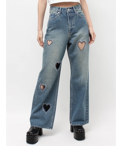 EVRIS（エヴリス）の「ビジューハートカッティングワイドデニムパンツ（デニムパンツ・レディース・ブラック/ブルー・S/M）」の4枚目の写真