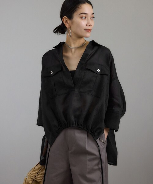 ADAM ET ROPE'（アダムエロペ）の「シアーリネンスキッパードルマンシャツ（シャツ/ブラウス・レディース・ブラック/ホワイト/ブラウン・F）」の2枚目の写真