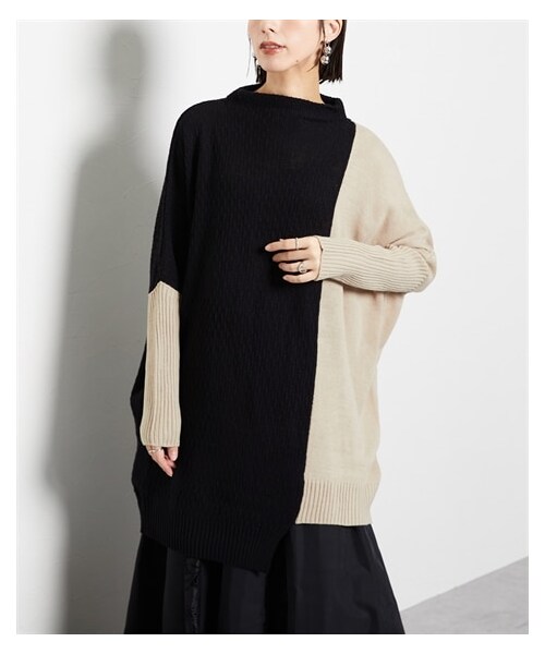 nissen（ニッセン）の「配色デザインプチハイネックロング丈ニット [Soiunique]（ニット/セーター・レディース・キャメル×ネイビー/ブラック×オフベージュ/杢グレー×アイボリー/グレージュ×ネイビー/ソフトグリーン×アイボリー/杢チャコール×黒/アイボリー×グレージュ・Y(M-LL)/S~LL）」の2枚目の写真