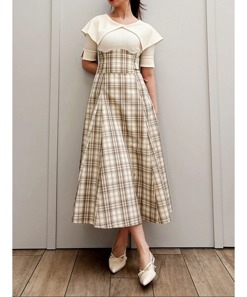 dazzlin（ダズリン）の「ビッグカラーチェックコルセットワンピース（ワンピース・レディース・オフホワイト/ブラック/ネイビー・S/M）」の3枚目の写真