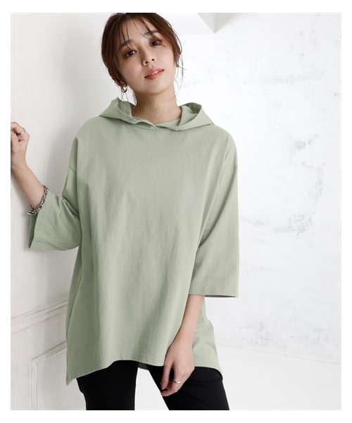 nissen（ニッセン）の「綿１００％バスク6分袖ビッグパーカー（UVカット）＜大きいサイズ有＞（パーカー・レディース・黒/オフホワイト/ダークグレー/ミルクベージュ/スモーキーグリーン/ソフトピンク/インクブルー・S~M相当/L~LL相当/3L~4L相当/【没】5L~6L相当/【没】8L相当/【没】10L相当/5L~6L相当/8L相当/10L相当）」の14枚目の写真