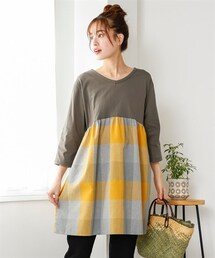 nissen | 大きいサイズ　綿混異素材切替７分袖Ｖネックカットソーチュニック(チュニック)