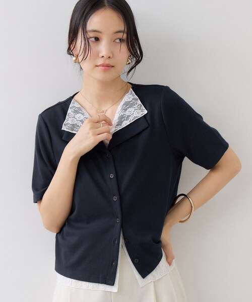 VIS(ビス)の「ドット&無地 レースドッキングレイヤード風リブカットソー(Tシャツ/カットソー・レディース・オフホワイト/ネイビー/サックス・F)」の16枚目の写真