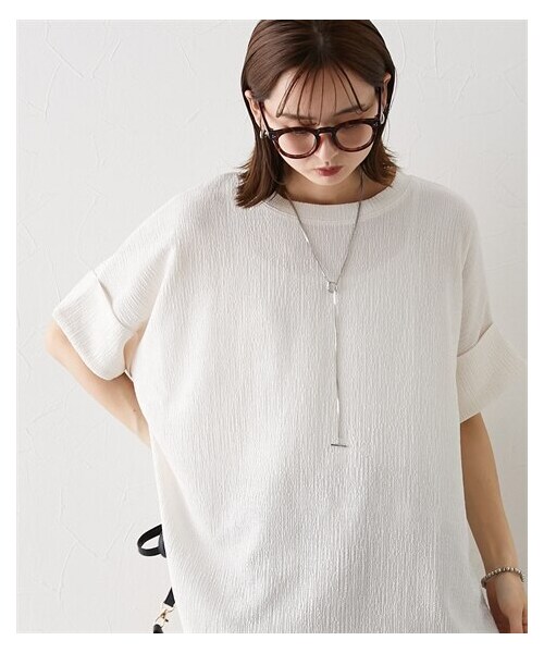 nissen（ニッセン）の「楊柳カットソージャガードゆるシルエット5分袖ドルマンプルオーバー（Tシャツ/カットソー・レディース・ブルーグレー/黒/アイボリー/ブラウン・S/M/L/LL/3L/4L/5L/6L）」の11枚目の写真