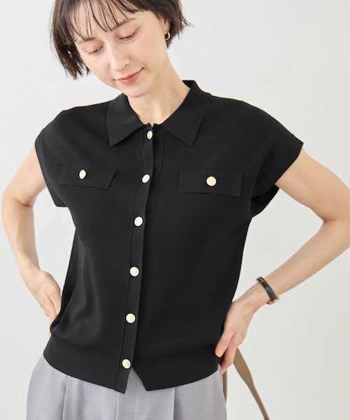 ROPE' PICNIC(ロペピクニック)の「八方映えニット 金ボタンフレンチスリーブポロカラーカーディガン/UVカット・接触冷感・イージーケア(カーディガン/ボレロ・レディース・ブラック/オフホワイト/ブラウン/サックス/ラベンダー・F)」の9枚目の写真
