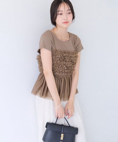 VIS（ビス）の「【夏トク価格】チュールフリルドッキングフレンチスリーブ/UVケア（Tシャツ/カットソー・レディース・チャコール/オフホワイト/ブラウン系・F）」の19枚目の写真