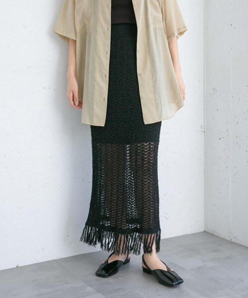 KBF（ケイビーエフ）の「フリンジ透かし編みニットスカート（スカート・レディース・BROWN/BEIGE/BLACK・one）」の6枚目の写真