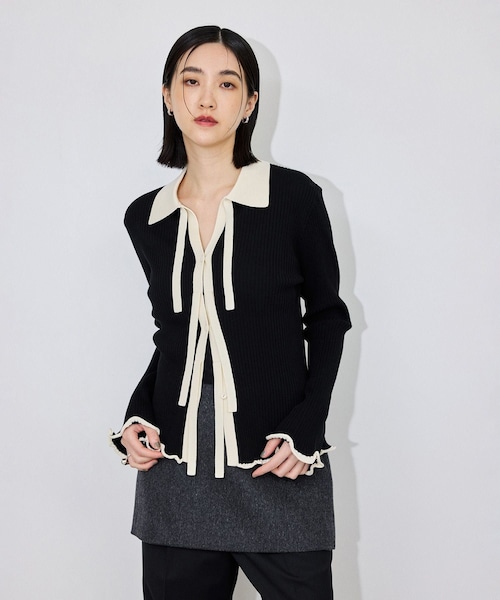 ADAM ET ROPE'(アダムエロペ)の「バイカラーポロニットカーディガン(カーディガン/ボレロ・レディース・ブラック系/サックス/カラシ・F)」の1枚目の写真