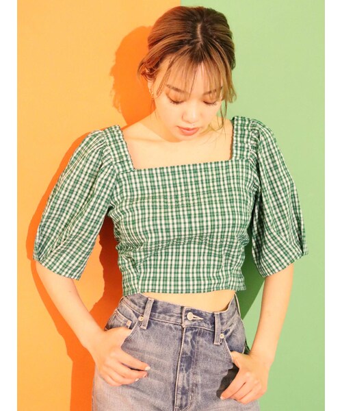 EVRIS（エヴリス）の「ギンガムチェックボリュームブラウス（シャツ/ブラウス・レディース・グリーン/ブラック/アイボリー・F）」の7枚目の写真