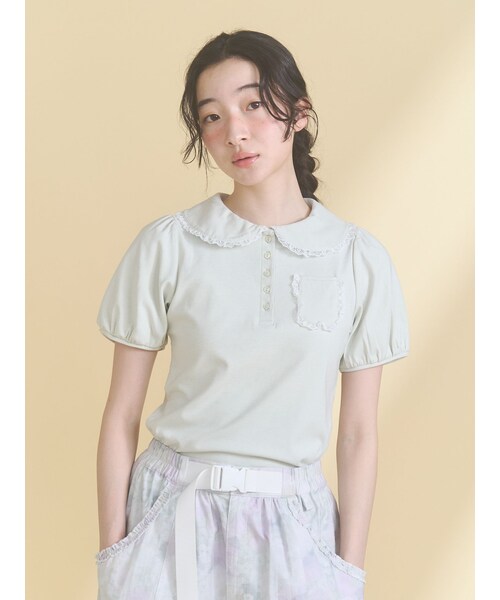 merry jenny（メリージェニー）の「frilly summer polo top（ポロシャツ・レディース・オフホワイト/ピンク/ミントグリーン・F）」の4枚目の写真